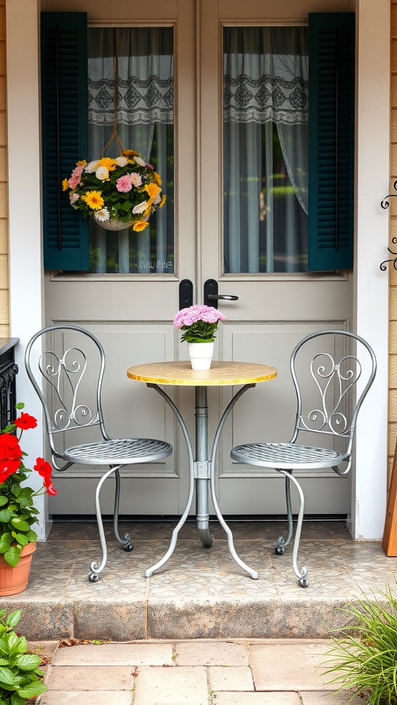 A charming bistro table setup on a small porch with metal chairs and colorful flowers.