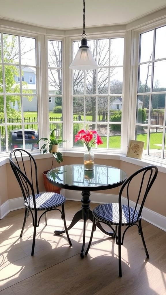 A small sunroom with a round table and two chairs, surrounded by large windows and a view of the outdoors.