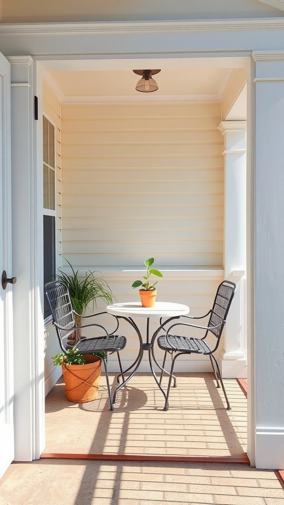 A small enclosed porch with a round table, two chairs, and a potted plant.