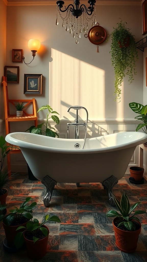 A charming vintage bathroom featuring a clawfoot tub surrounded by plants and decor.