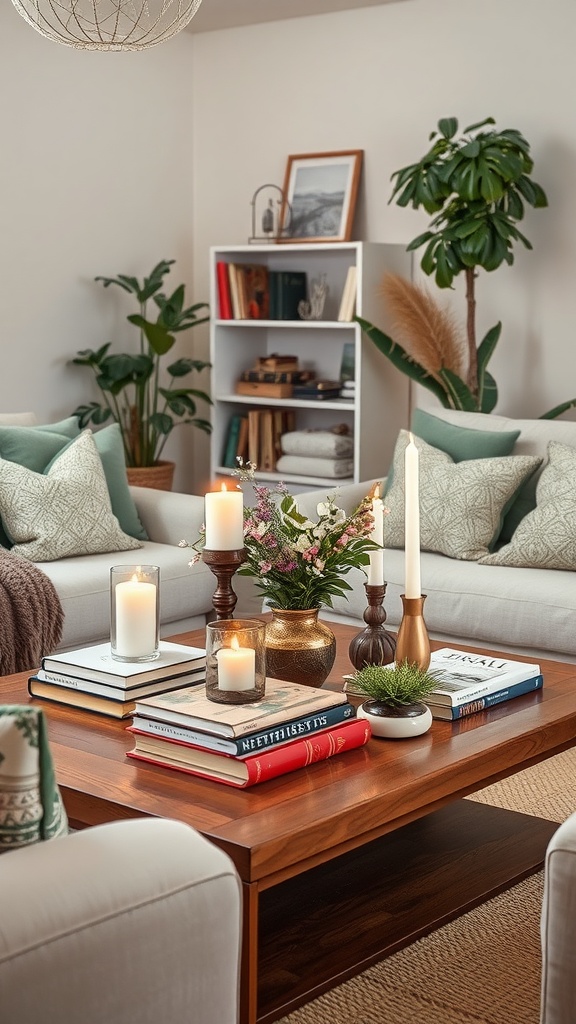 A cozy living room coffee table display featuring books, candles, and flowers.
