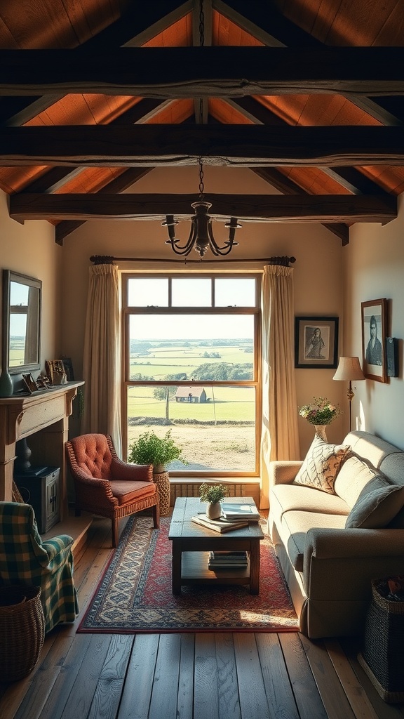 Cozy English living room with wooden beams, large window, and comfortable furniture