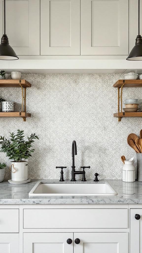 A charming farmhouse kitchen with a patterned backsplash, black fixtures, and open wooden shelves.