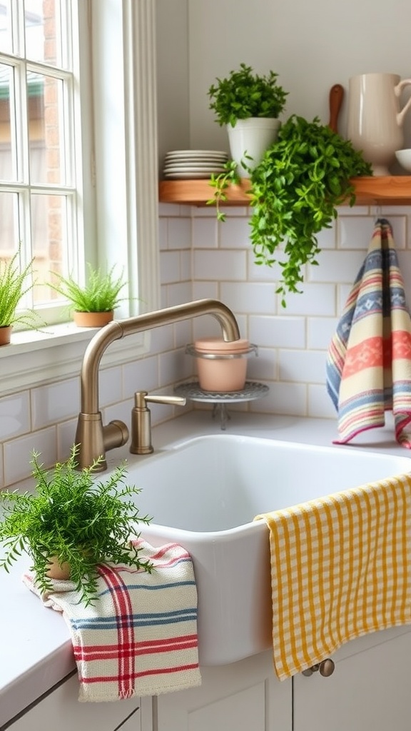 A charming farmhouse kitchen sink with plants and dish towels.