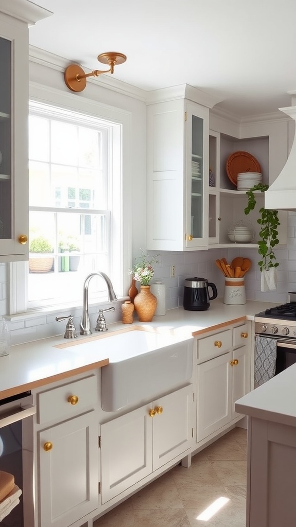 Cozy white kitchen featuring a charming farmhouse sink