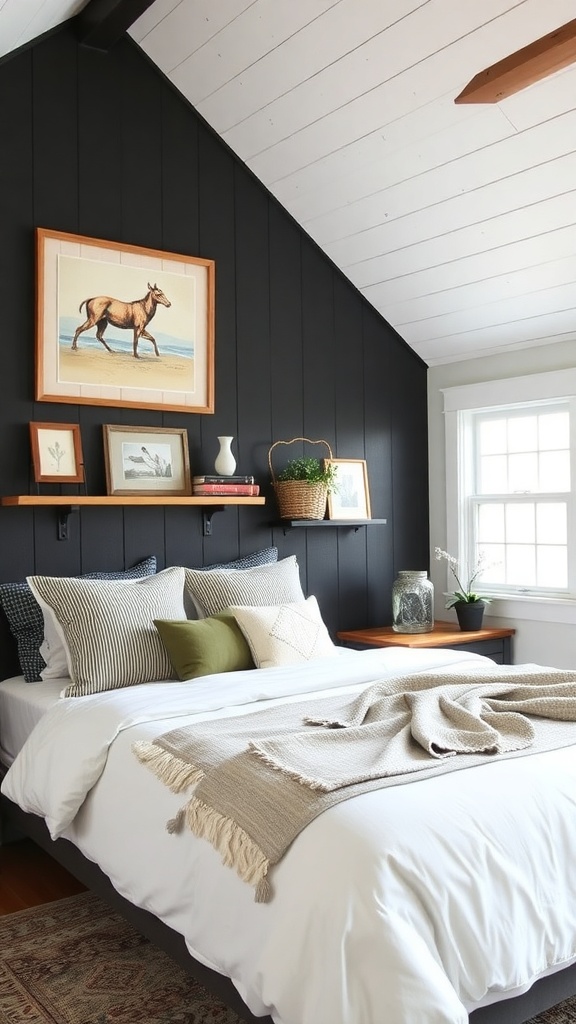 Cozy farmhouse bedroom featuring a black accent wall, light bedding, and natural decor.