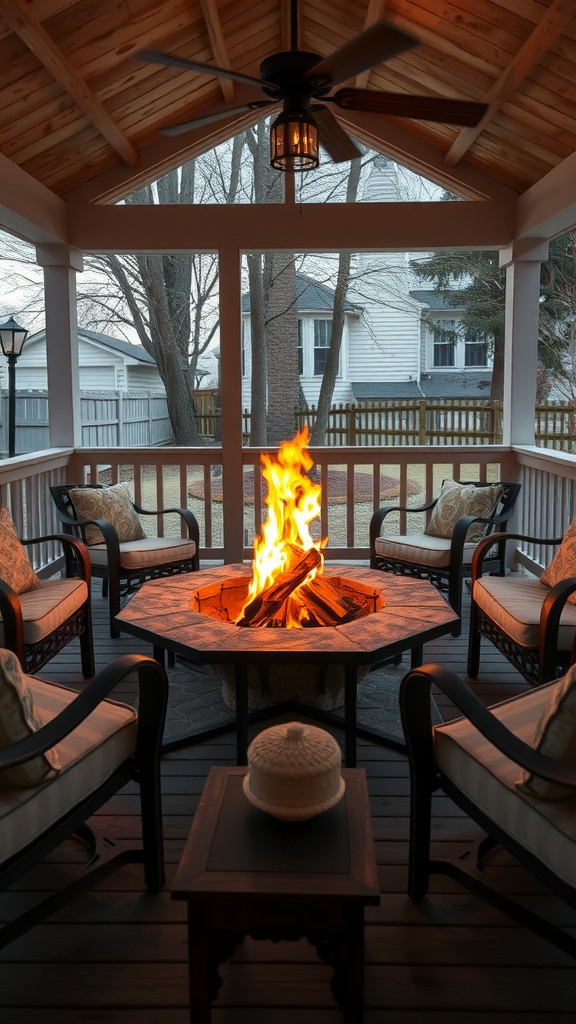 A cozy back porch featuring a fire pit surrounded by comfortable seating.