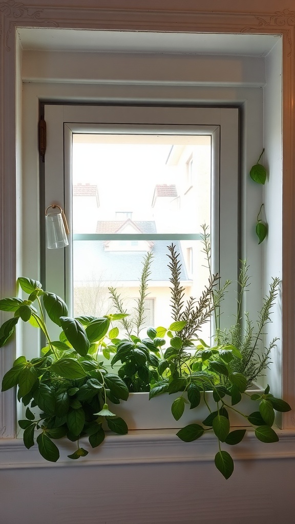A windowsill filled with lush green herbs, including basil and rosemary, with sunlight streaming through the window.