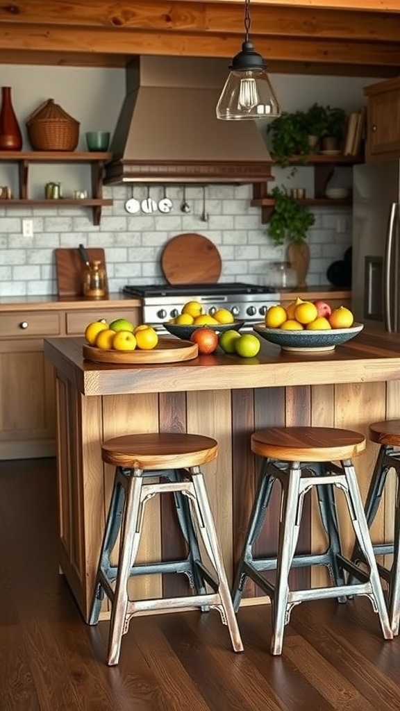 A rustic farmhouse kitchen island with colorful fruits displayed and metal stools.