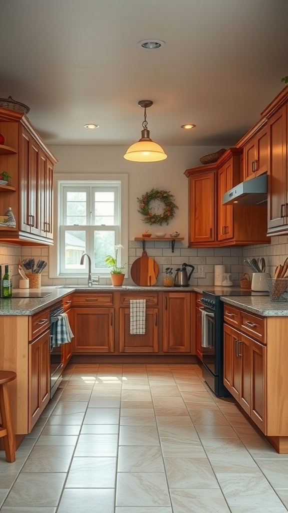Charming warm-toned kitchen with wooden cabinets, bright windows, and cozy decor.