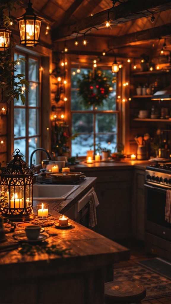 Cozy cabin kitchen with lanterns and candles providing warm lighting.