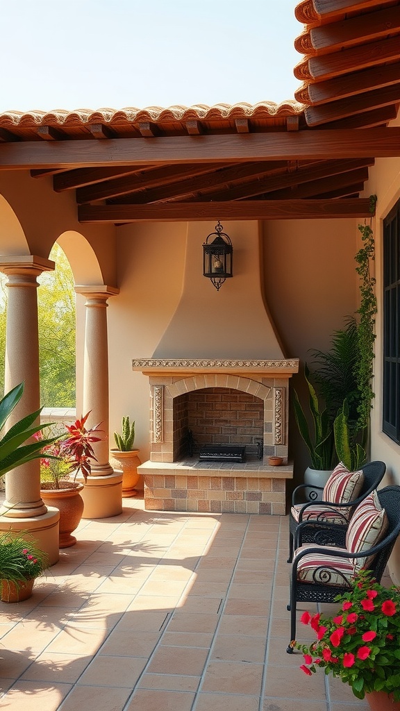 Mediterranean-inspired outdoor lounge with a fireplace and potted plants