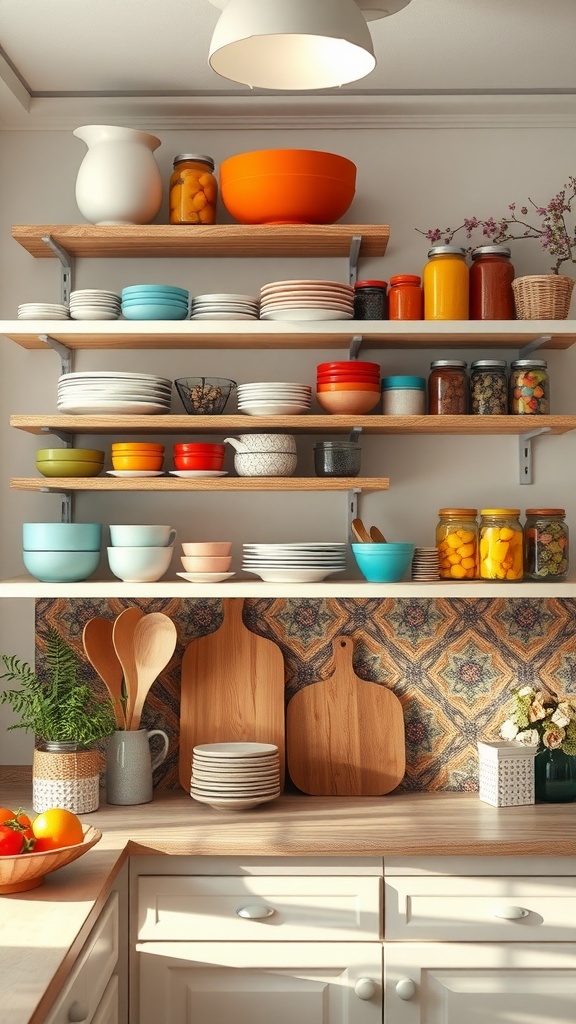 A cozy kitchen with open shelving displaying colorful dishes and jars, featuring wooden shelves, fresh flowers, and cutting boards.