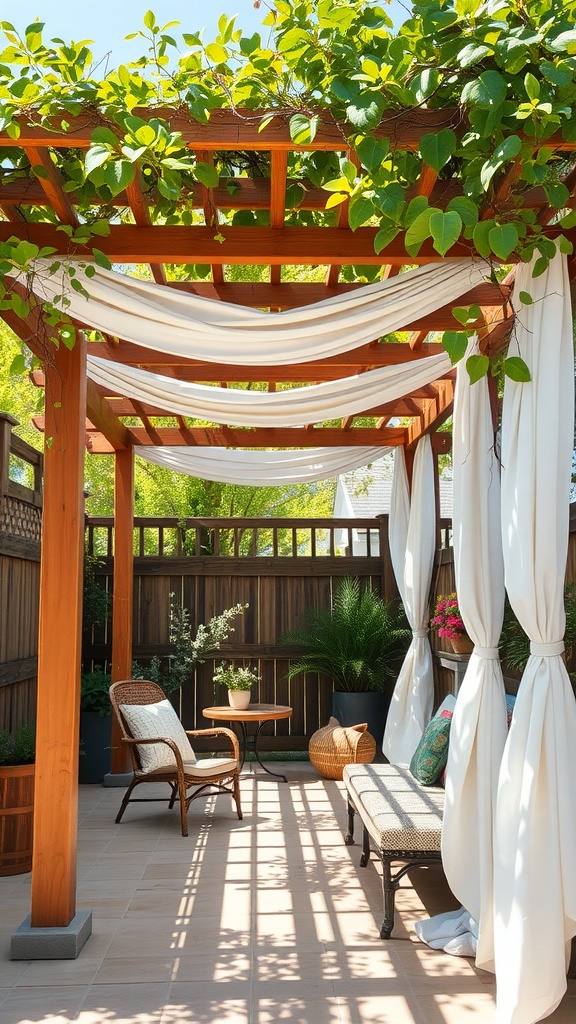 A charming pergola with climbing vines and draped fabric, featuring outdoor seating and plants.