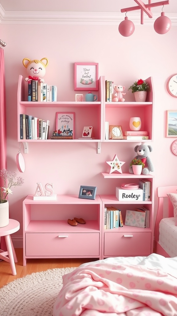 Charming pink shelving in a girly pink bedroom with toys, books, and decorations