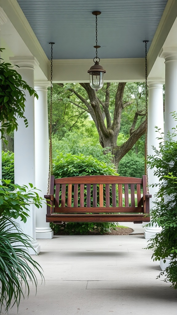 A charming wooden porch swing hanging from a ceiling with greenery around it