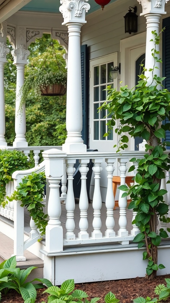 White railings and balusters on a front porch, surrounded by greenery