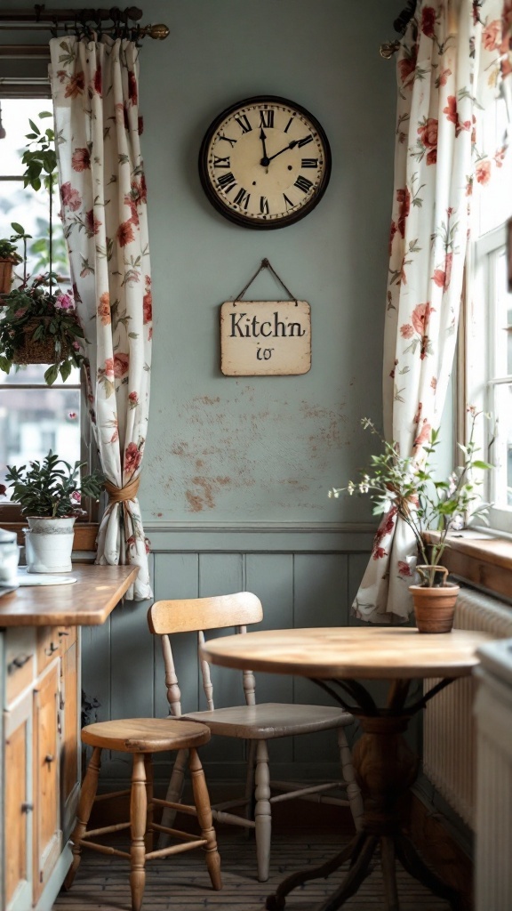 A cozy kitchen nook featuring a wooden table, vintage decor, floral curtains, and potted plants.