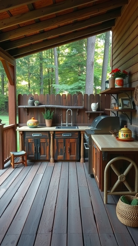 A rustic outdoor kitchen with wooden cabinets and a deck, surrounded by greenery.