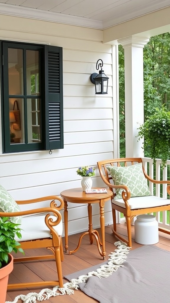 A charming outdoor front porch featuring two chairs and a round side table with flowers.