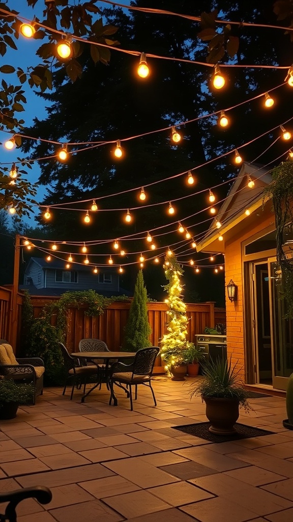 Back patio decorated with string lights and cozy seating, creating a warm atmosphere.