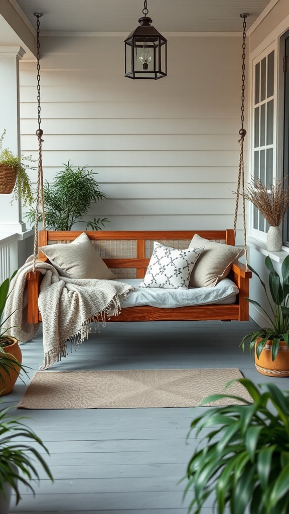 A cozy swing bed nook with pillows and a blanket, surrounded by plants.