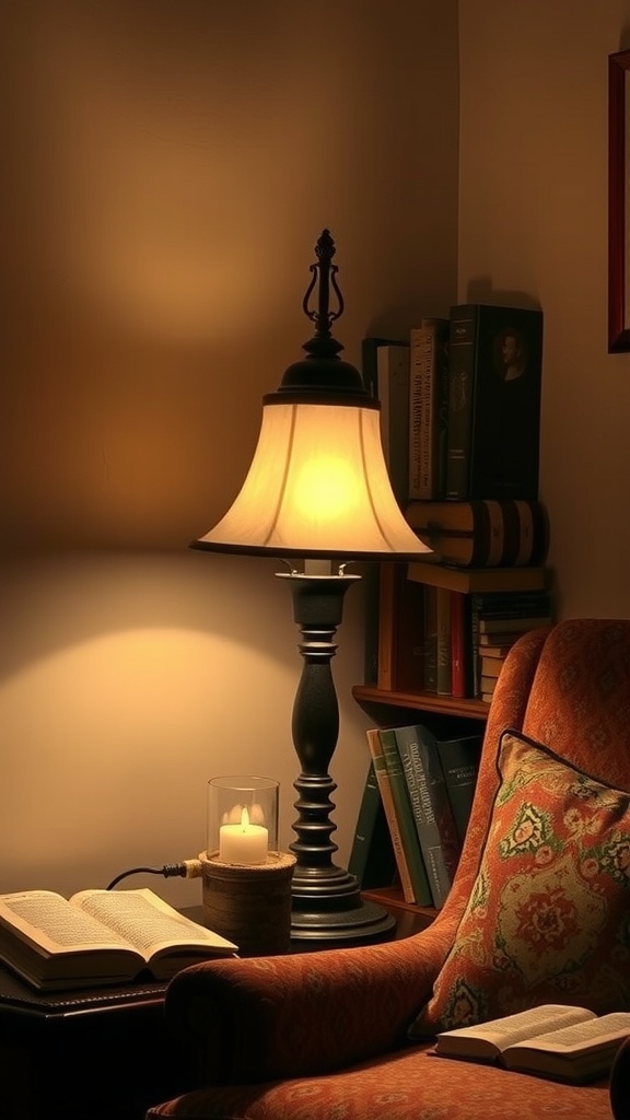 A cozy corner with a classic table lamp, candle, and books on a table near an armchair.
