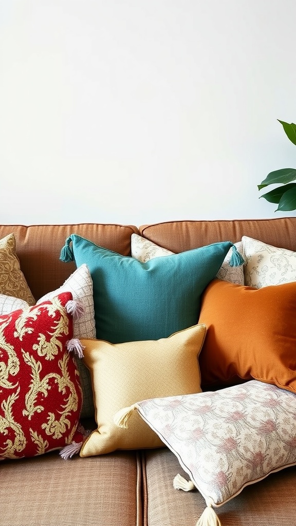 A cozy sofa adorned with a variety of colorful throw pillows in different patterns and textures.