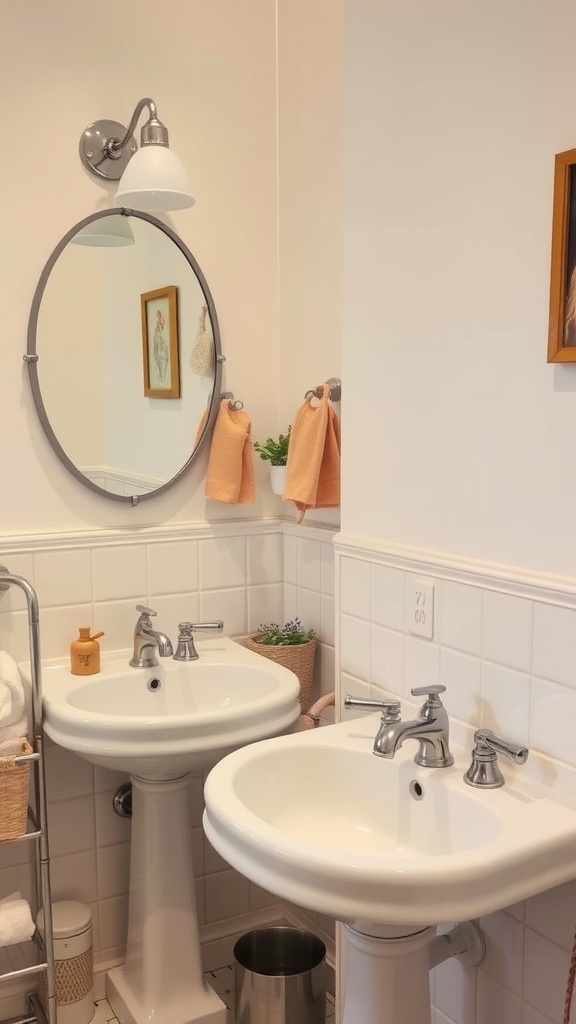 A charming vintage bathroom with two white pedestal sinks, a round mirror, and stylish chrome fixtures.
