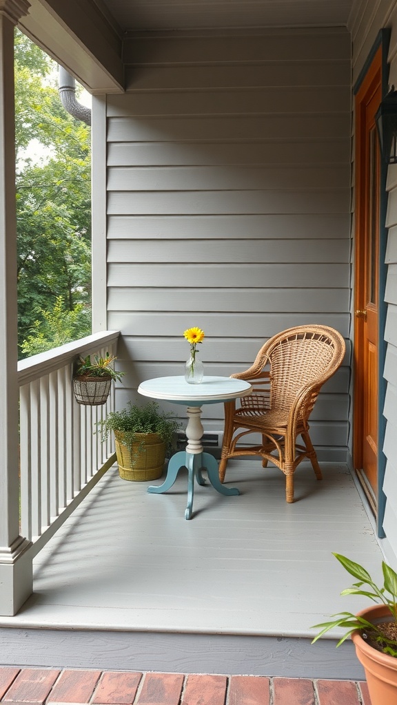 A small porch featuring a light blue table, a wicker chair, and potted plants.