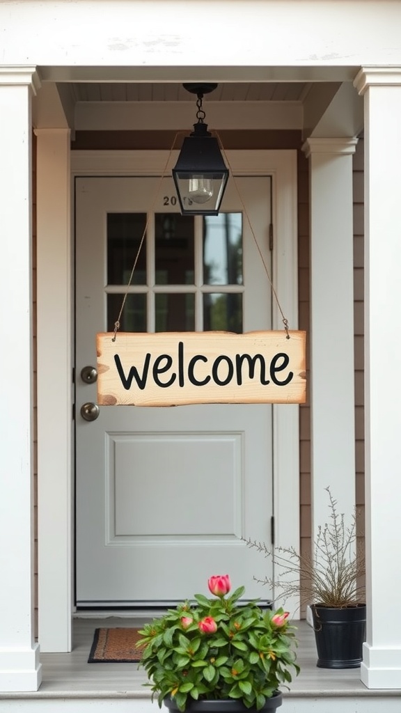 A wooden welcome sign hanging on a porch, with potted flowers below.