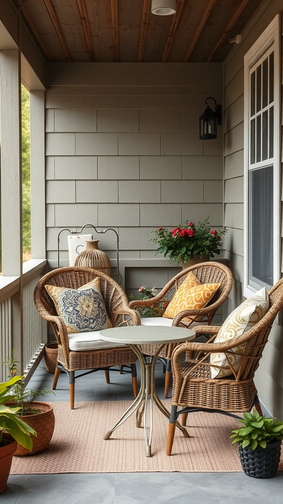 A small porch featuring wicker chairs with colorful cushions, a round table, and potted plants.