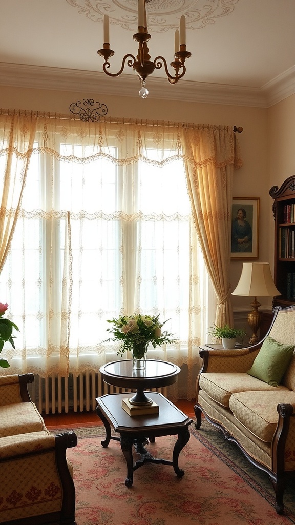 A vintage living room with soft, flowing curtains and warm tones.