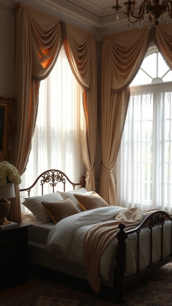 Cozy bedroom with elegant window treatments and soft lighting