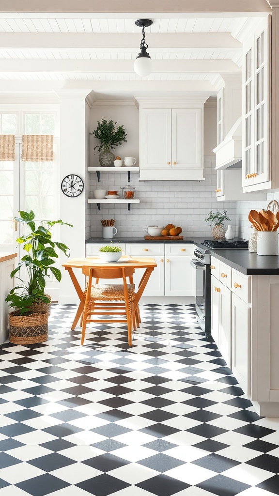 A bright farmhouse kitchen featuring checkerboard flooring, white cabinets, and a wooden dining table.