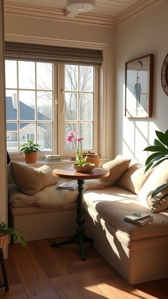 A cozy breakfast nook with soft cushions, a small round table, and sunlight streaming in through large windows.