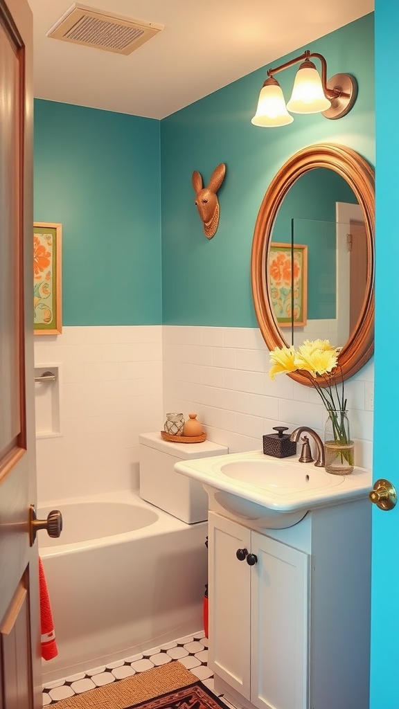 A chic bathroom featuring teal walls, white tiles, and stylish decor elements.