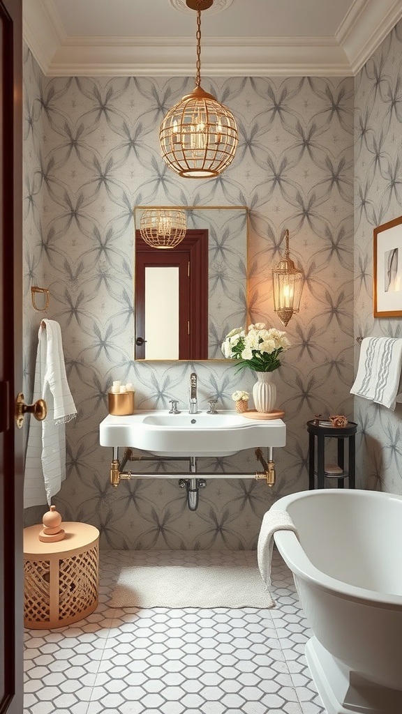 A chic modern luxury bathroom featuring elegant light fixtures, stylish wallpaper, a sleek sink, and cozy accessories.