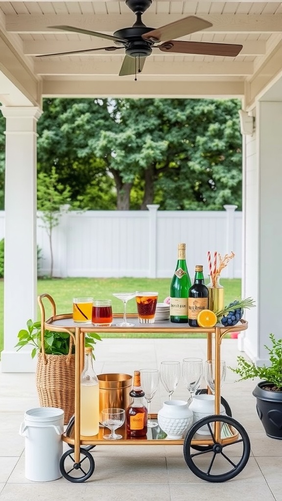 Chic bar cart on a covered patio with drinks and glasses