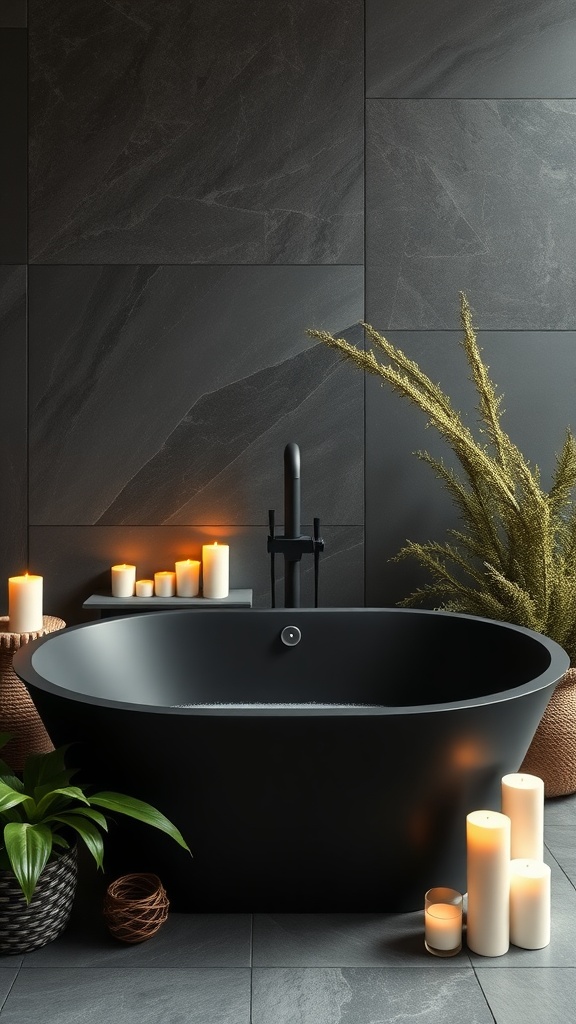 Chic black bathtub surrounded by candles and plants in a dark bathroom setting