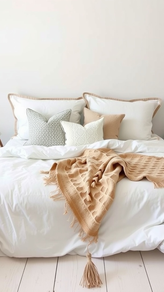A cozy bed with white and beige bedding, featuring a mix of textured pillows and a beige throw blanket.