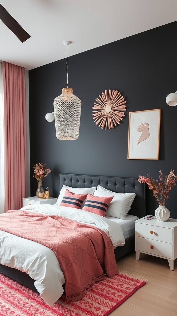 A chic bedroom featuring a black accent wall, pink bedding, and modern decor.