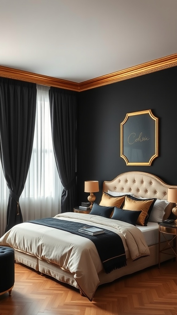 A stylish bedroom featuring black curtains, a gold-framed artwork, and elegant bedding.