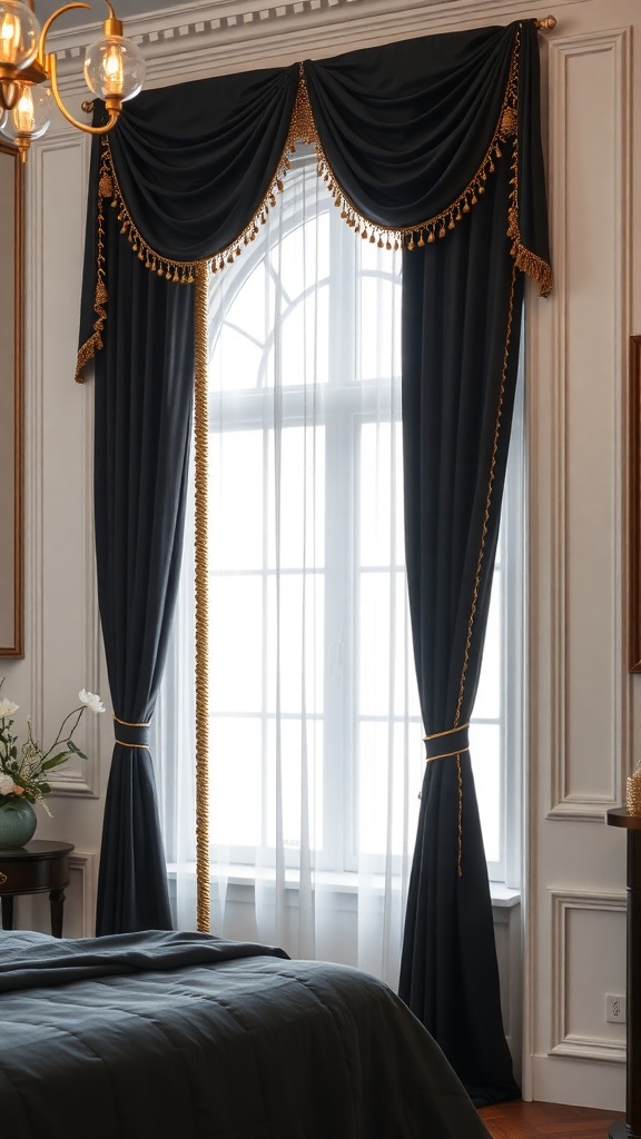 Chic black and gold drapery in a stylish bedroom