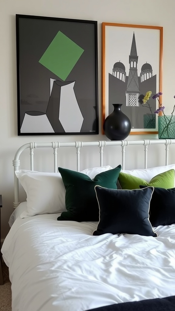 A stylish bedroom featuring black and green accessories, with geometric artwork and decorative pillows.