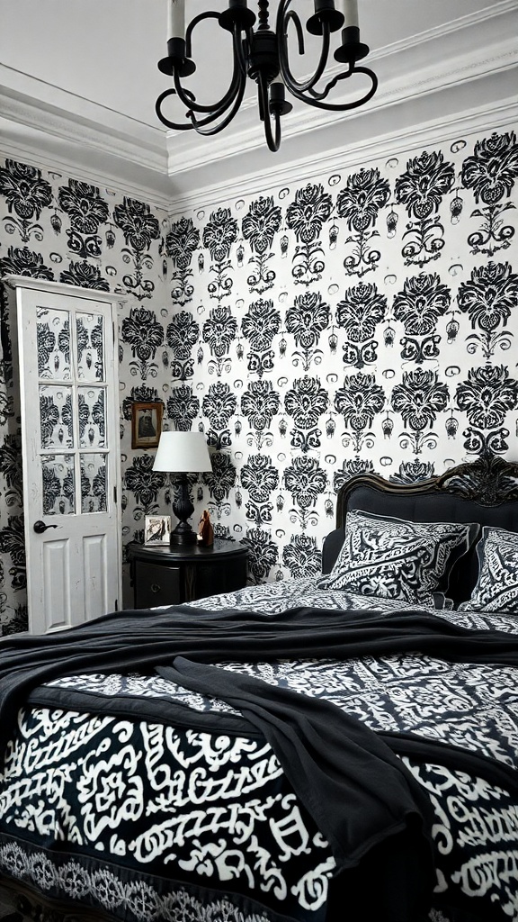 A chic black and white bedroom featuring floral wallpaper, patterned bedding, and a black chandelier.