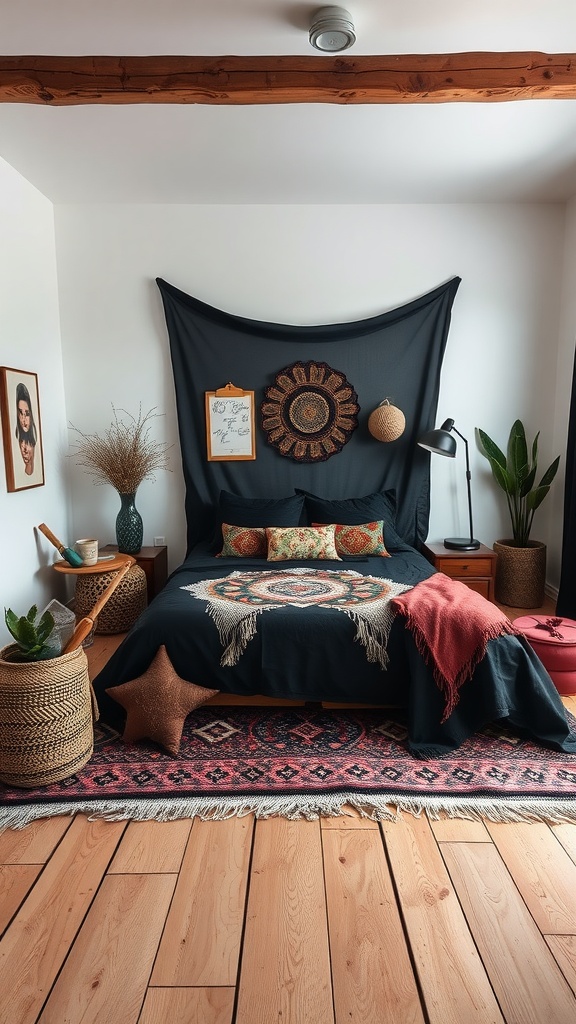 A chic black bohemian style bedroom featuring black bedding, woven wall art, plants, and a patterned rug.