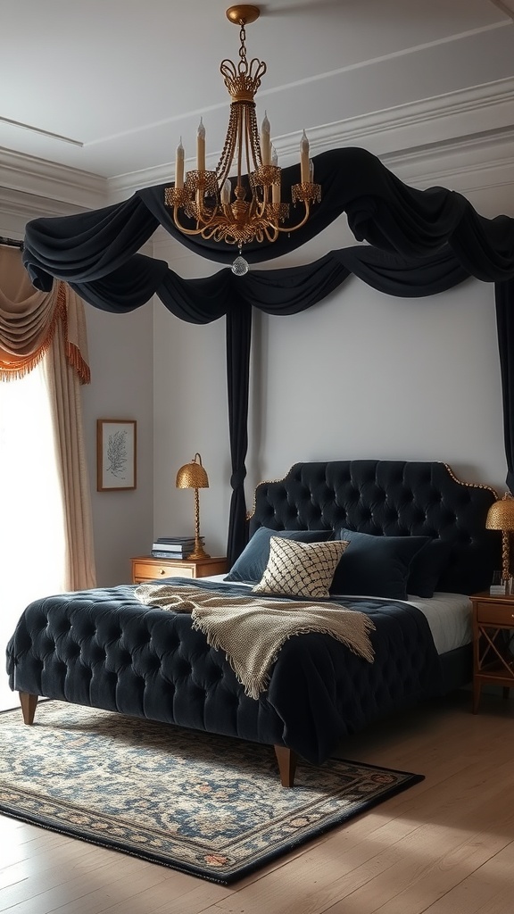 A chic black canopy bedroom featuring a tufted velvet bed, elegant chandelier, and warm lighting.