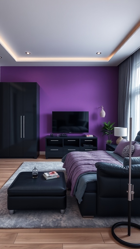 A chic black and purple bedroom featuring black furniture, a purple wall, and modern decor.