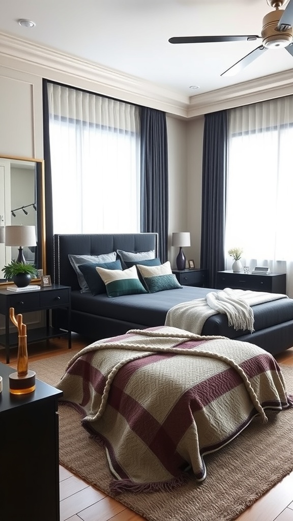 A chic black bedroom featuring a black bed frame, gray bedding, and stylish nightstands.